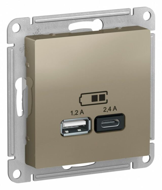 ATN000539 ATLASDESIGN USB РОЗЕТКА A+С, 5В/2,4А, 2х5В/1,2А, механизм, ШАМПАНЬ