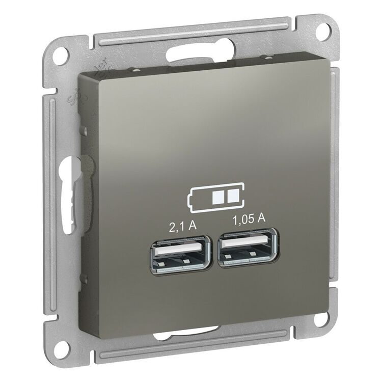 ATN000933 ATLASDESIGN USB РОЗЕТКА, 5В, 1 порт x 2,1 А, 2 порта х 1,05 А, механизм, СТАЛЬ