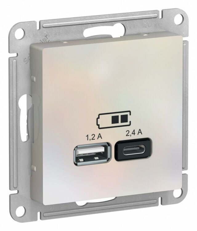 ATN000439 ATLASDESIGN USB РОЗЕТКА A+С, 5В/2,4А, 2х5В/1,2А, механизм, ЖЕМЧУГ