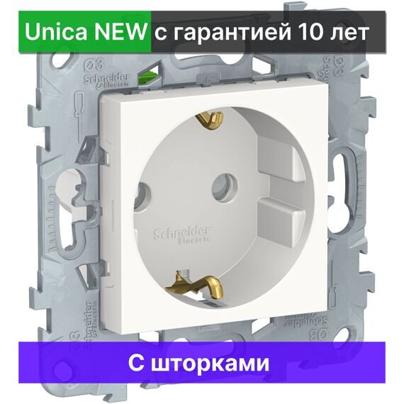 NU503718 UNICA NEW РОЗЕТКА с заземлением, со шторками, винт. зажим, 16 А, 250 В, БЕЛЫЙ