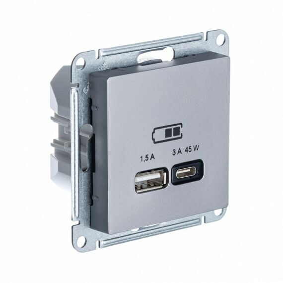 ATN000929 ATLASDESIGN USB РОЗЕТКА A + тип-C 45W высокоскор.заряд. QC, PD, механизм, СТАЛЬ