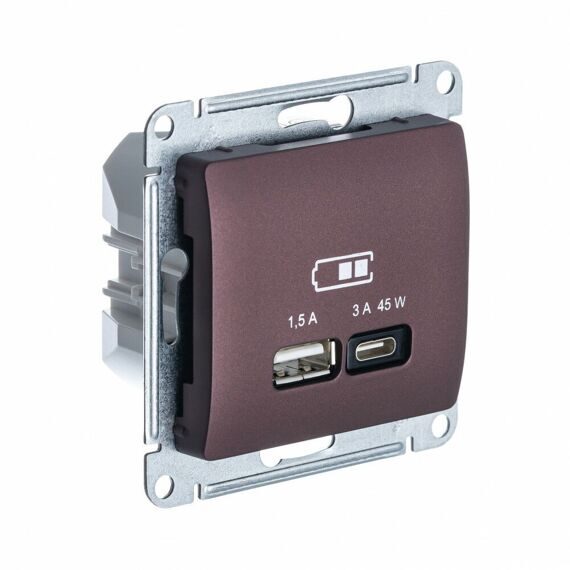 GSL001129 GLOSSA USB РОЗЕТКА A + тип-C 45W высокоскор.заряд. QC,PD, механизм, БАКЛАЖАНОВЫЙ