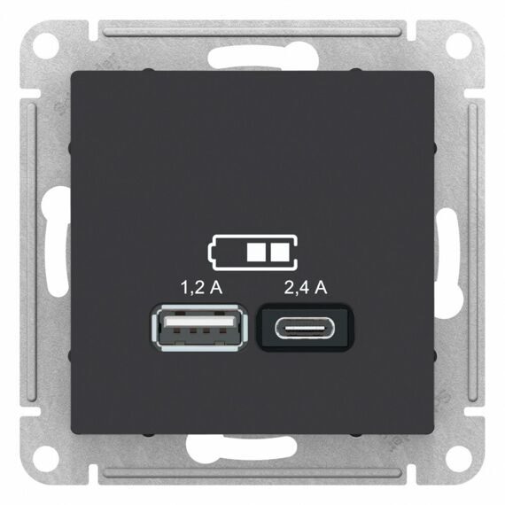 ATN001039 ATLASDESIGN USB РОЗЕТКА A+С, 5В/2,4А, 2х5В/1,2 А, механизм, КАРБОН