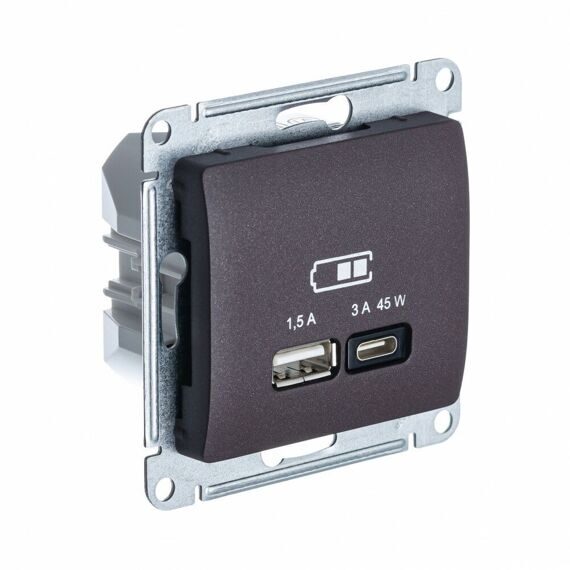 GSL000829 GLOSSA USB РОЗЕТКА A + тип-C 45W высокоскор.заряд. QC, PD, механизм, ШОКОЛАД