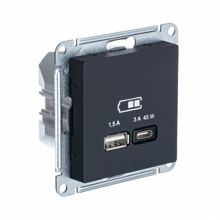 ATN001029 ATLASDESIGN USB РОЗЕТКА A + тип-C 45W высокоскор.заряд. QC, PD, механизм, КАРБОН