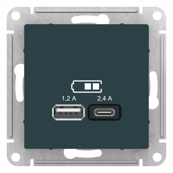 ATN000839 ATLASDESIGN USB РОЗЕТКА A+С, 5В/2,4 А, 2х5В/1,2 А, механизм, ИЗУМРУД