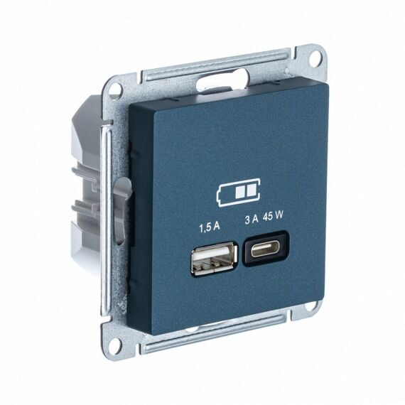 ATN000829 ATLASDESIGN USB РОЗЕТКА A + тип-C 45W высокоскор.заряд. QC,PD, механизм, ИЗУМРУД