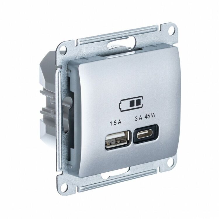 GSL000329 GLOSSA USB РОЗЕТКА A + тип-C 45W высокоскор.заряд. QC, PD, механизм, АЛЮМИНИЙ