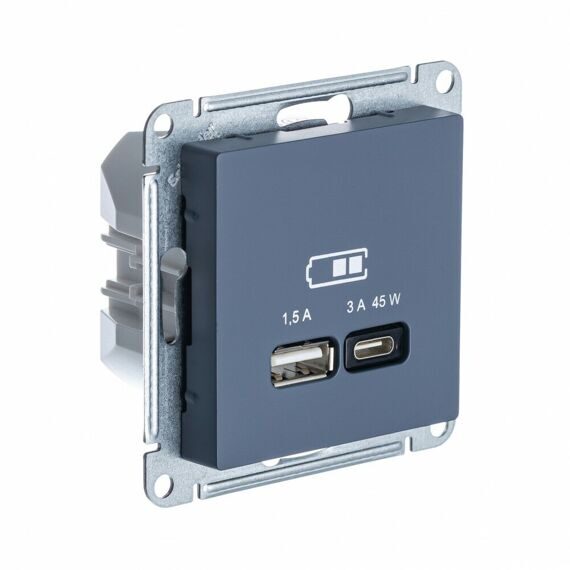 ATN000729 ATLASDESIGN USB РОЗЕТКА A + тип-C 45W высокоскор.заряд. QC,PD, механизм, ГРИФЕЛЬ