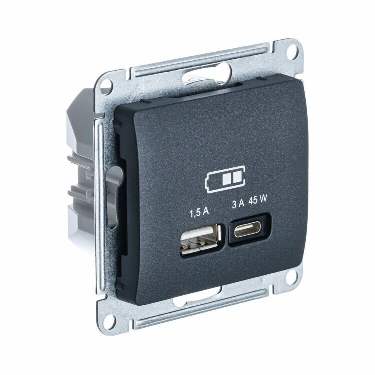 GSL000729 GLOSSA USB РОЗЕТКА A + тип-C 45W высокоскор.заряд. QC, PD, механизм, АНТРАЦИТ