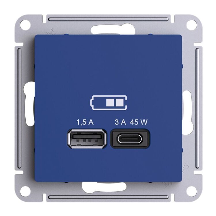 ATN001129 ATLASDESIGN USB РОЗЕТКА A + тип-C 45Вт высокоскор.заряд. QC,PD, механизм,АКВАМАР