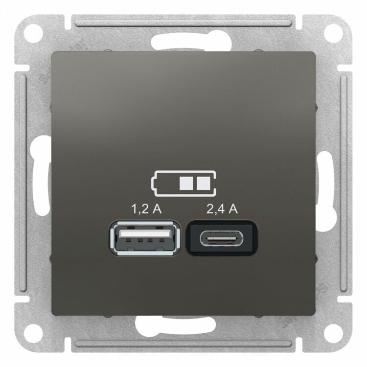 ATN000939 ATLASDESIGN USB РОЗЕТКА A+С, 5В/2,4 А, 2х5В/1,2 А, механизм, СТАЛЬ