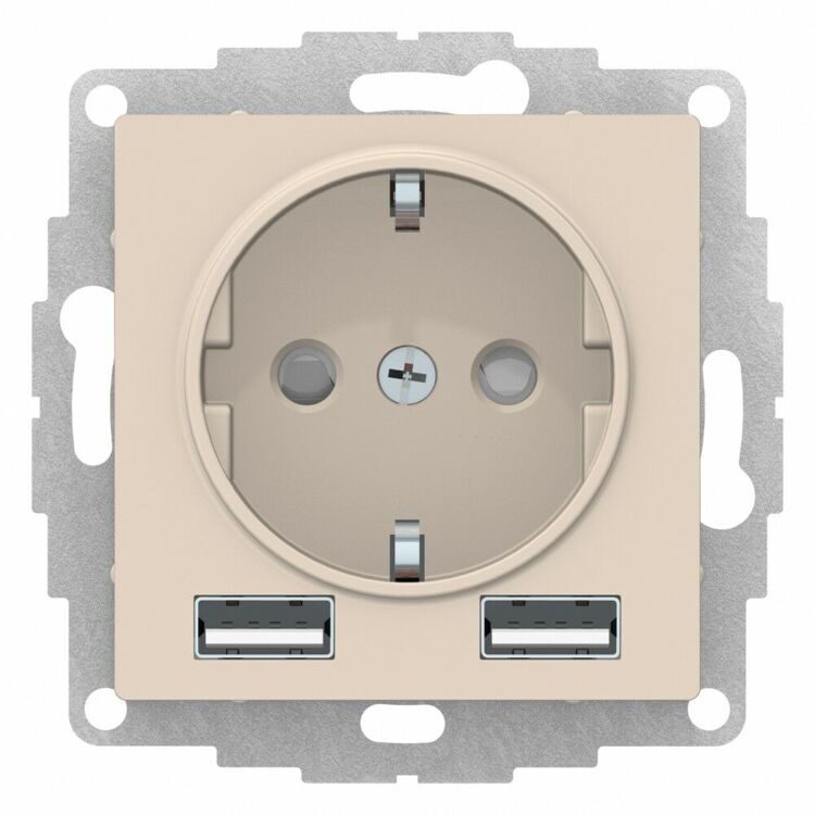 ATN000230 ATLASDESIGN РОЗЕТКА 16А c 2 USB A+A, 5В/2,4А, 2х5В/1,2А, механизм, БЕЖЕВЫЙ