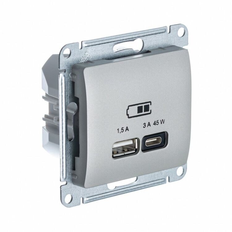 GSL001229 GLOSSA USB РОЗЕТКА A + тип-C 45W высокоскор.заряд. QC, PD, механизм, ПЛАТИНА