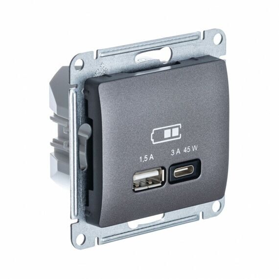 GSL001329 GLOSSA USB РОЗЕТКА A + тип-C 45W высокоскор.заряд. QC, PD, механизм, ГРАФИТ