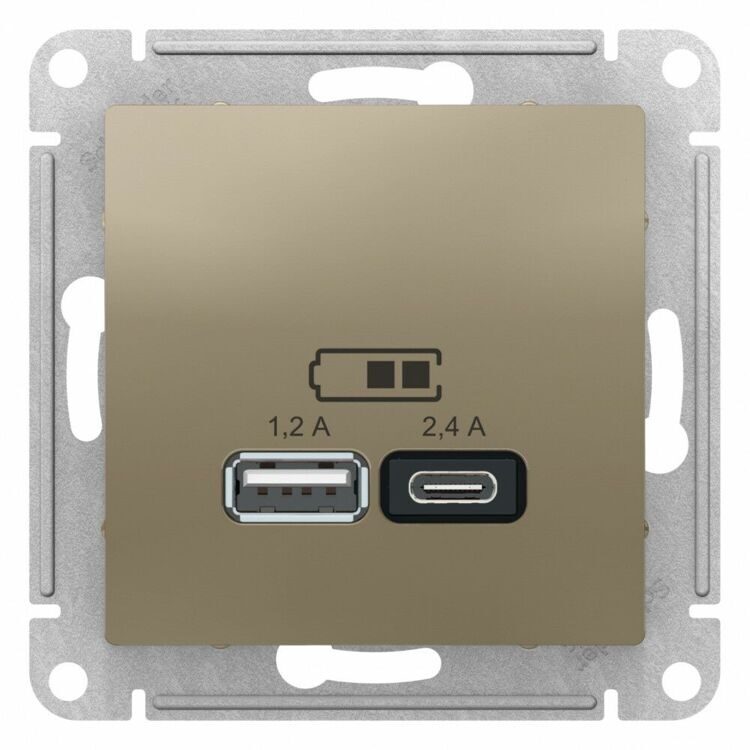 ATN000539 ATLASDESIGN USB РОЗЕТКА A+С, 5В/2,4А, 2х5В/1,2А, механизм, ШАМПАНЬ