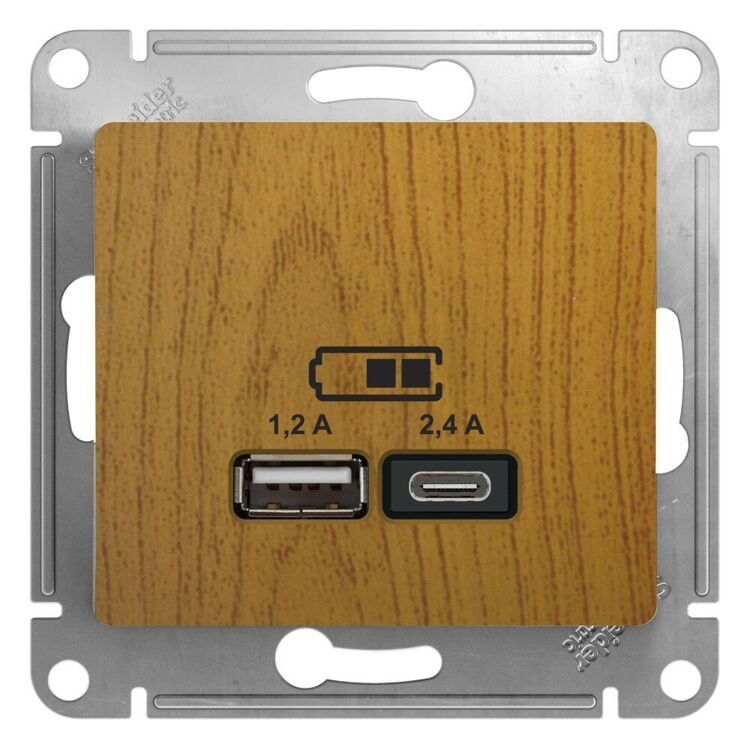 GSL000539 GLOSSA USB РОЗЕТКА A+С, 5В/2,4А, 2х5В/1,2 А, механизм, ДЕРЕВО ДУБ