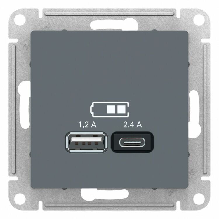 ATN000739 ATLASDESIGN USB РОЗЕТКА A+С, 5В/2,4А, 2х5В/1,2А, механизм, ГРИФЕЛЬ