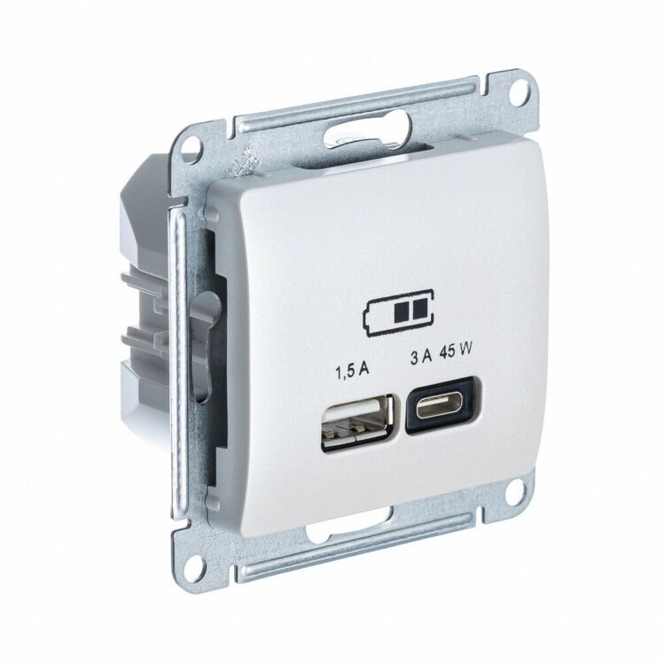 GSL000629 GLOSSA USB РОЗЕТКА A + тип-C 45W высокоскор.заряд. QC, PD, механизм, ПЕРЛАМУТР