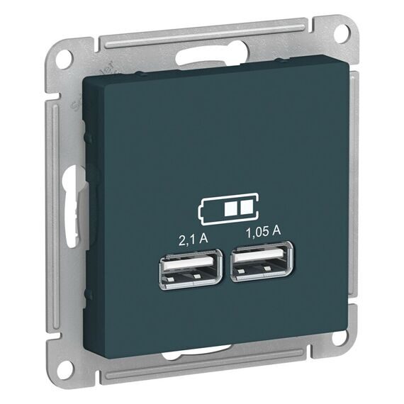 ATN000833 ATLASDESIGN USB РОЗЕТКА, 5В, 1 порт x 2,1 А, 2 порта х 1,05 А, механизм, ИЗУМРУД