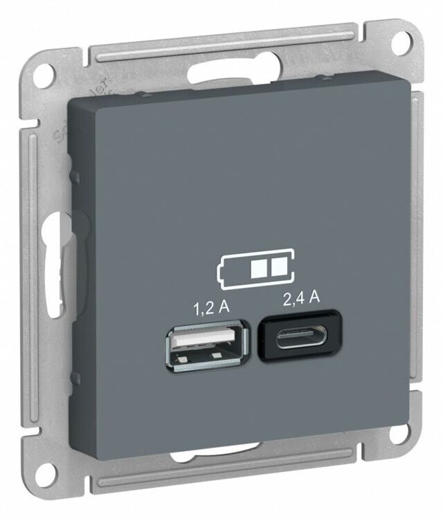 ATN000739 ATLASDESIGN USB РОЗЕТКА A+С, 5В/2,4А, 2х5В/1,2А, механизм, ГРИФЕЛЬ